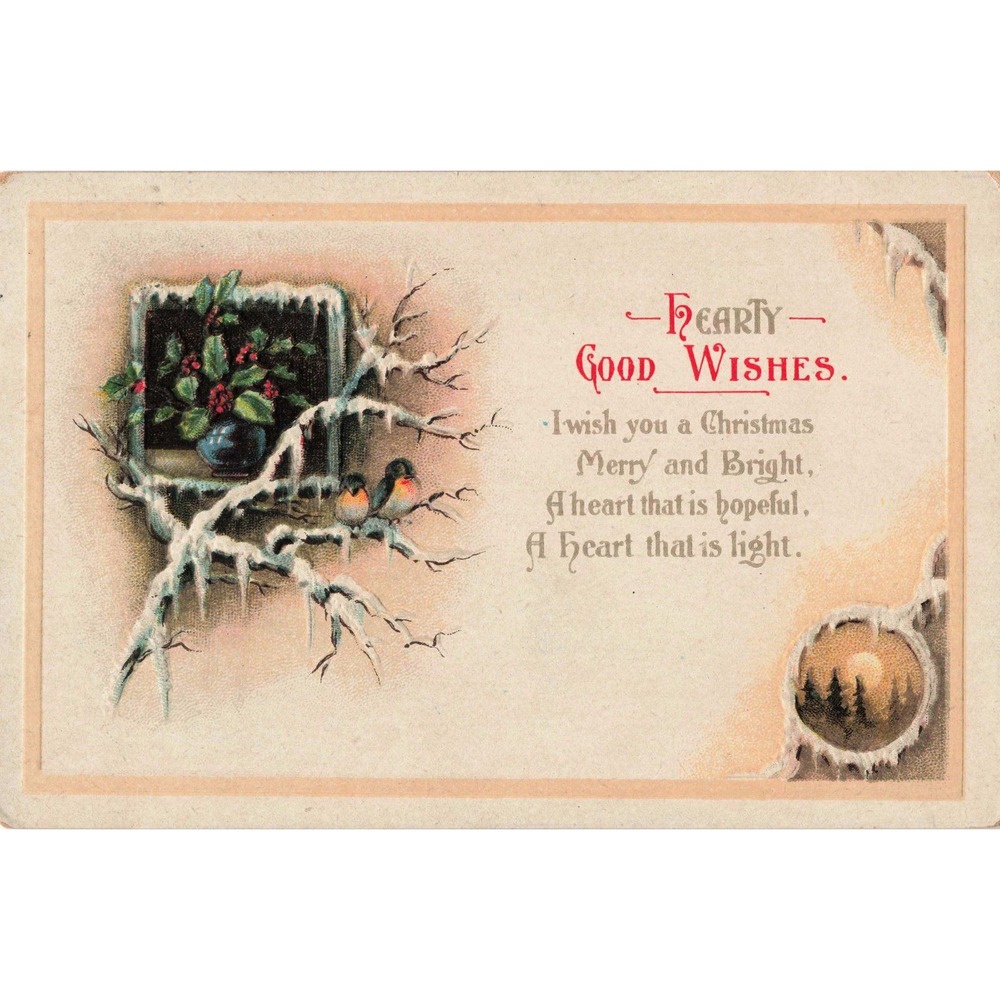 Vintage 1917 Christmas Postcard International Art Publ Co Snowy Holly Robins VG